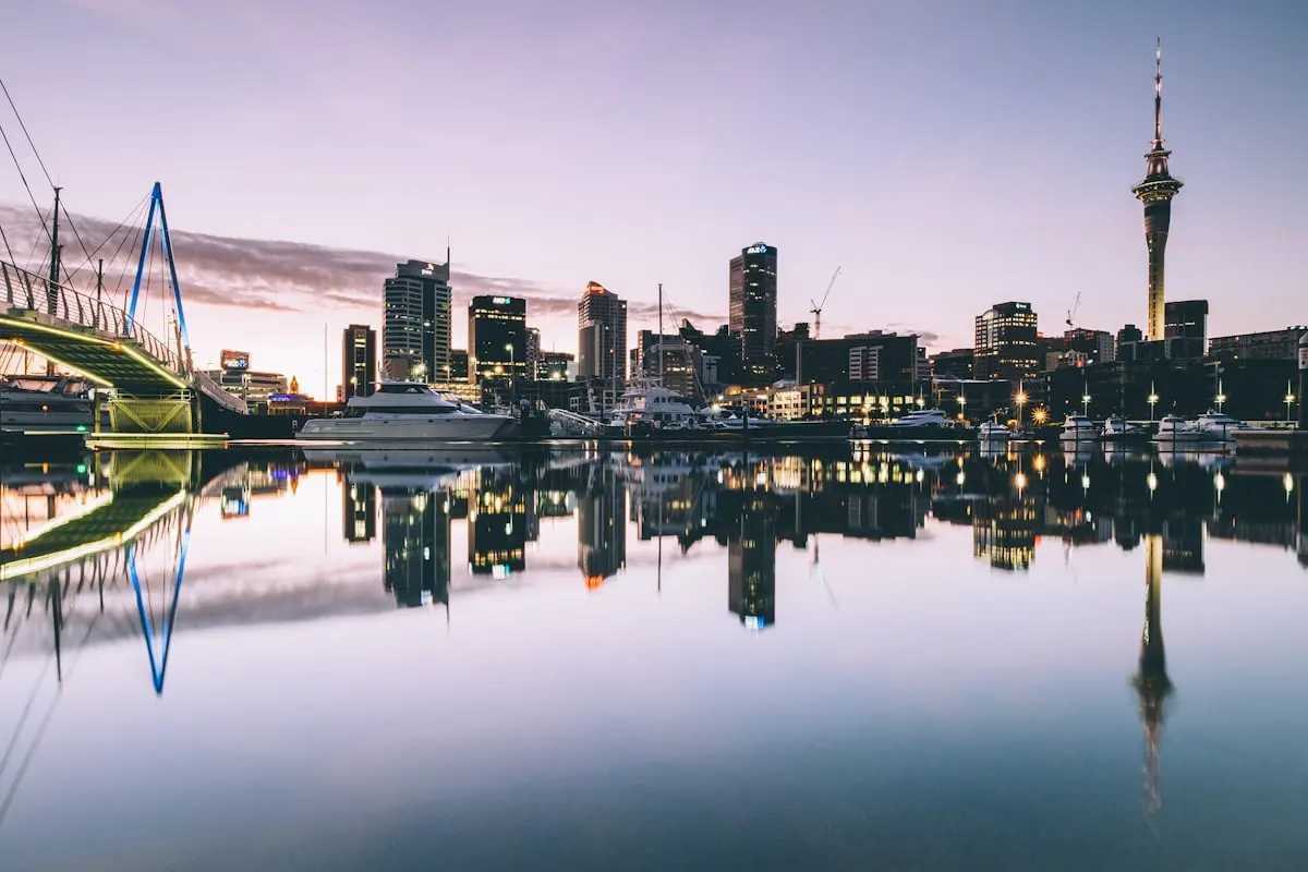 Auckland harbour and skyline at dusk — study in New Zealand